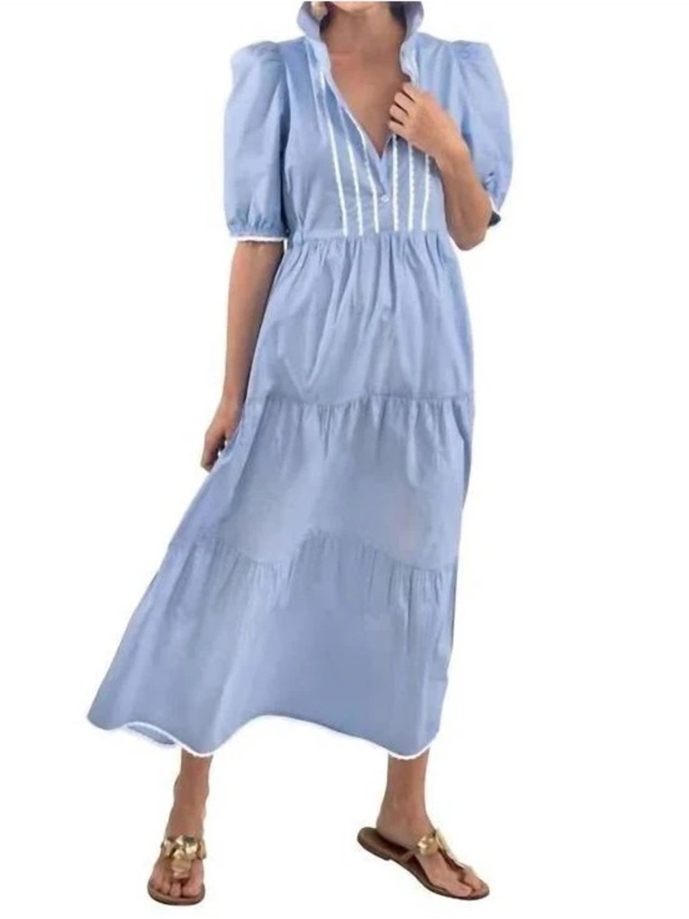Gretchen Scott Light Blue Ric Rac Puff Sleeve Tiered Maxi Dress